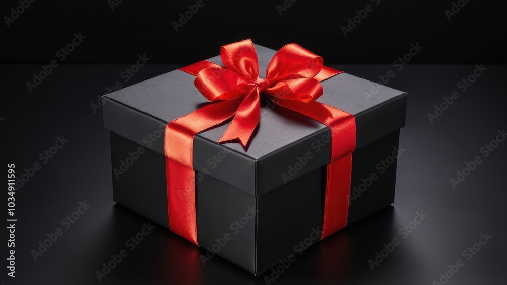 Fototapeta premium Elegant Black Gift Box with Red Ribbon. A sleek black gift box with a vibrant red satin ribbon bow, set against a dark background. Perfect for festive, luxury, or promotional designs