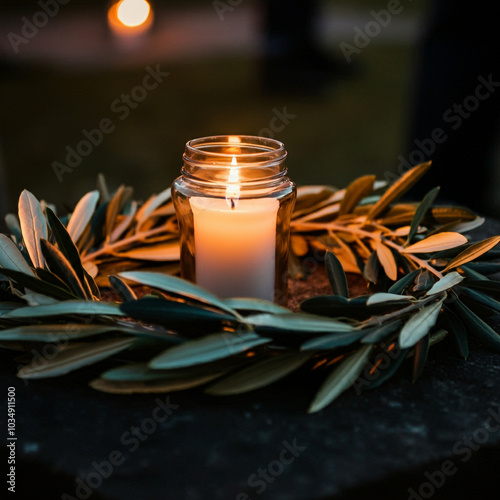 Glass candle jar encircled ...