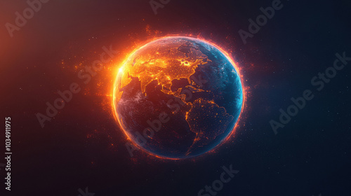 A close up of a planet with a bright orange and blue glow