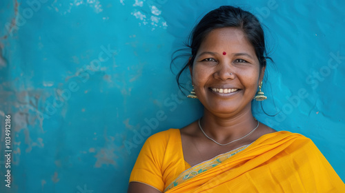 A woman in a yellow sari is smiling and looking at the camera photo