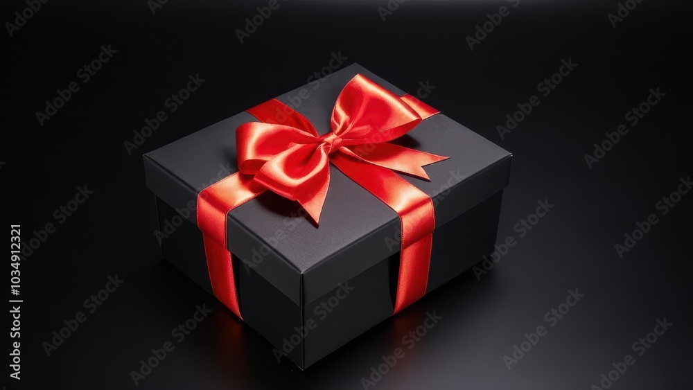 Elegant Black Gift Box with Red Ribbon. A sleek black gift box with a vibrant red satin ribbon bow, set against a dark background. Perfect for festive, luxury, or promotional designs