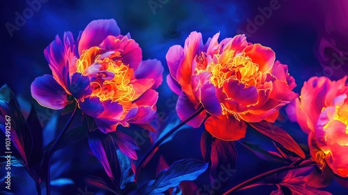 Fototapeta Naklejka Na Ścianę i Meble -  Neon lit peonies exhibit an otherworldly look with vibrant colors and glowing effects that evoke a surreal atmosphere