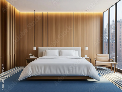 Wallpaper Mural Minimalistisches Schlafzimmer oder Hotelzimmer mit großen Fenstern mit Blick auf die Stadt. Modernes Design  Torontodigital.ca