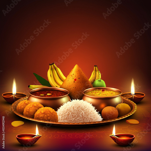 Arrangement of rice, fruits...