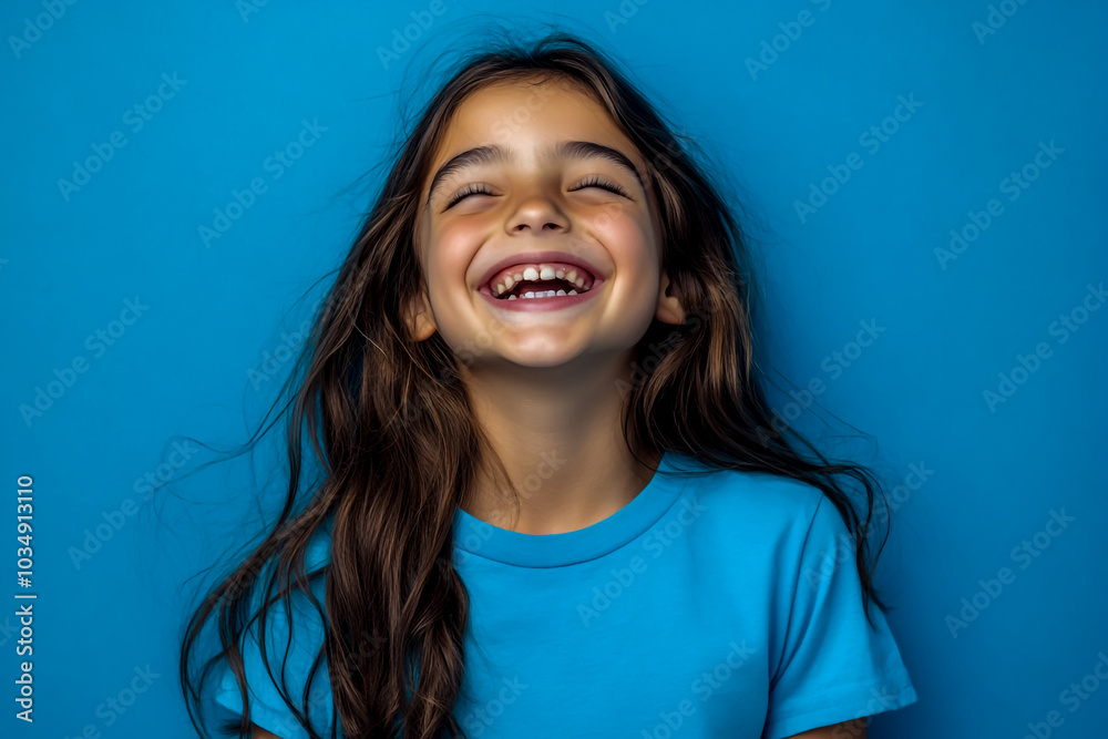 A young girl with long brown hair, laughing and wearing a blue t-shirt. A young girl with long brown hair, laughing and wearing a blue t-shirt.