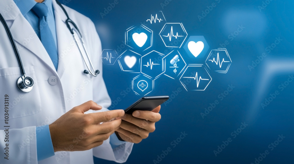 Doctor using a smartphone with digital health icons floating in the background, representing medical technology and healthcare innovation Doctor using a smartphone with digital health icons floating in the background, representing medical technology and healthcare innovation