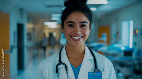 A young female doctor in a white coat and blue ID badge smiles, her dark hair tied in a bun.