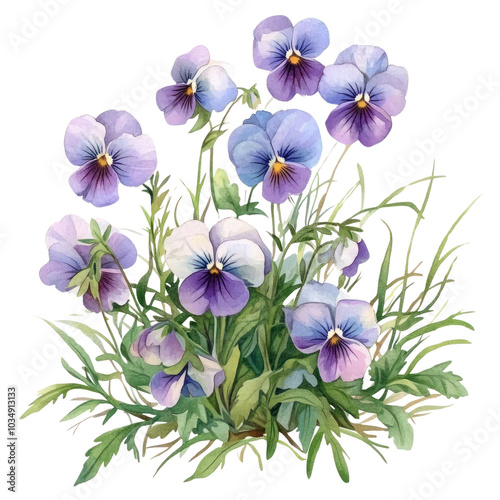 Fototapeta Naklejka Na Ścianę i Meble -  PNG  Small bouquet of pansies in grass pansy illustration watercolor.
