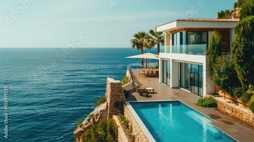 a modern house in the Mediterranean style, on the background of the sea