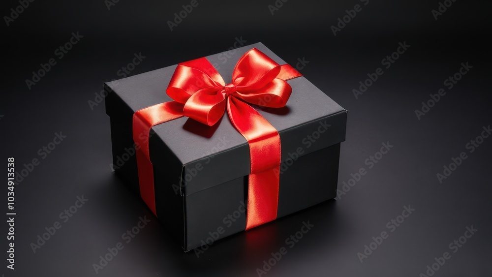 Obraz premium Minimalist Black Box with Red Ribbon. A stylish black gift box with a bright red ribbon on a dark background. Ideal for holiday, birthday, or luxury advertising materials