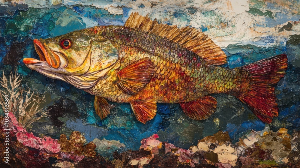 Freshwater largemouth bass glides through the water, its vibrant scales shimmering in the light. Freshwater largemouth bass glides through the water, its vibrant scales shimmering in the light.