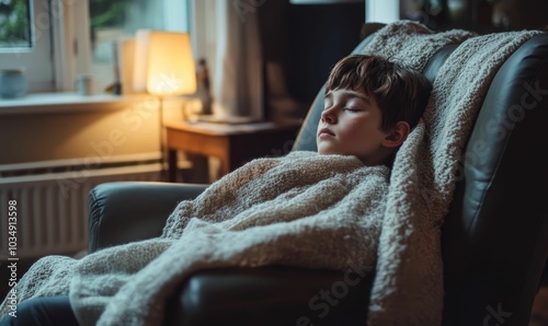 A young boy sleeps on a couch under a blanket.