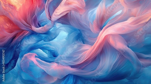 Swirling shades of rose and azure merge into graceful radiant forms embodying the beauty of movement and the essence of inspiration in a striking visual presentation