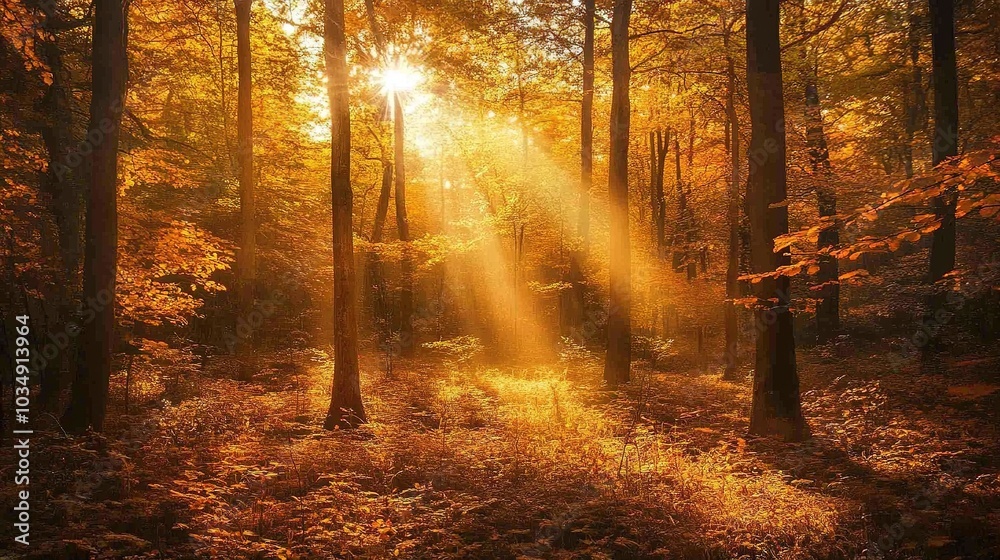 Fototapeta premium Serene Autumn Forest with Sunlight Beams