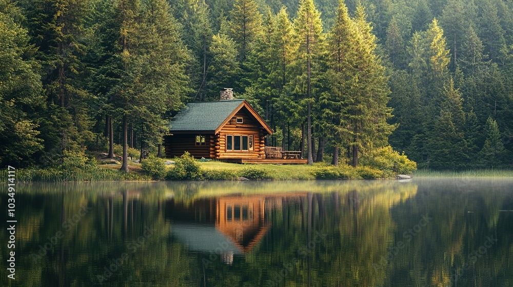 Fototapeta premium Tranquil Lakeside Cabin Surrounded by Forest