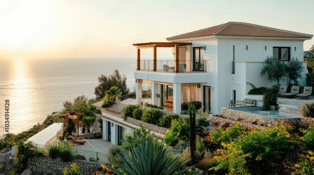 Fototapeta premium a modern house in the Mediterranean style, on the background of the sea