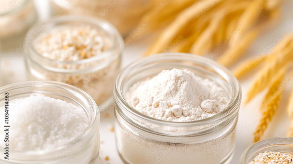 Different baking ingredients are neatly arranged in small glass jars on a white countertop, accompanied by golden wheat stalks, creating a warm and inviting kitchen atmosphere Different baking ingredients are neatly arranged in small glass jars on a white countertop, accompanied by golden wheat stalks, creating a warm and inviting kitchen atmosphere