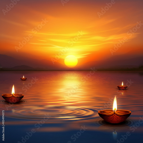 Bright sunset with diyas fl...