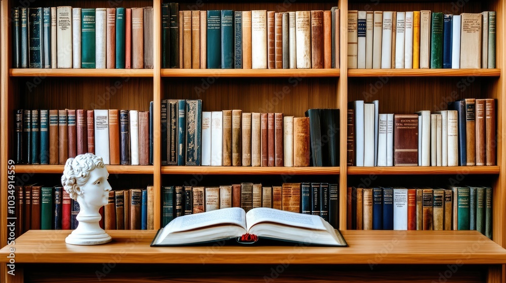 Elegant study room with towering bookshelves filled with old books, vintage wooden desk, and classical sculptures adorning the corners. Elegant study room with towering bookshelves filled with old books, vintage wooden desk, and classical sculptures adorning the corners.