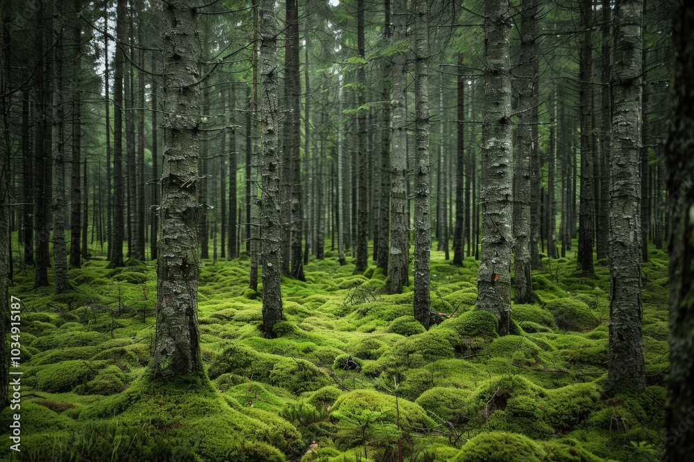 Fototapeta premium A forest with moss growing on the ground and trees, generative ai image