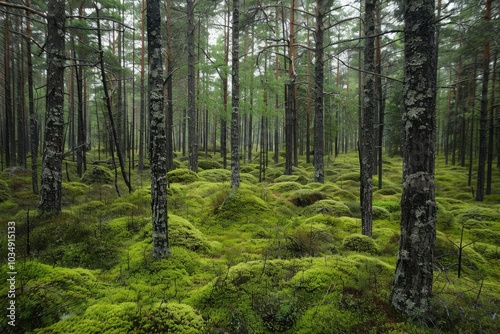A forest with moss growing on the ground and trees, generative ai image