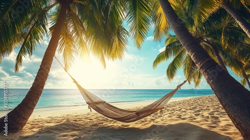 Serene Beach Hammock Under Palm Trees at Sunset