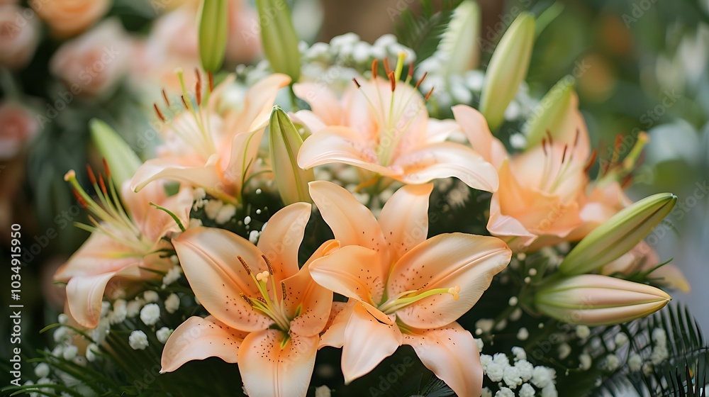 Fototapeta premium A gorgeous bouquet of peach colored lilies surrounded by baby scent