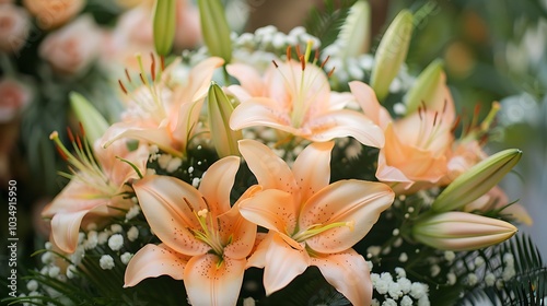 A gorgeous bouquet of peach colored lilies surrounded by baby scent photo