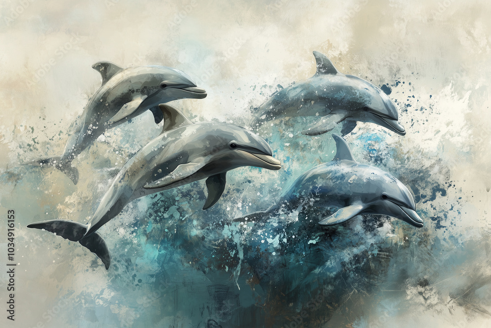 Obraz premium Dynamic Dolphins in Ocean Splash