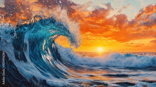 Vibrant ocean wave crashing down during sunset