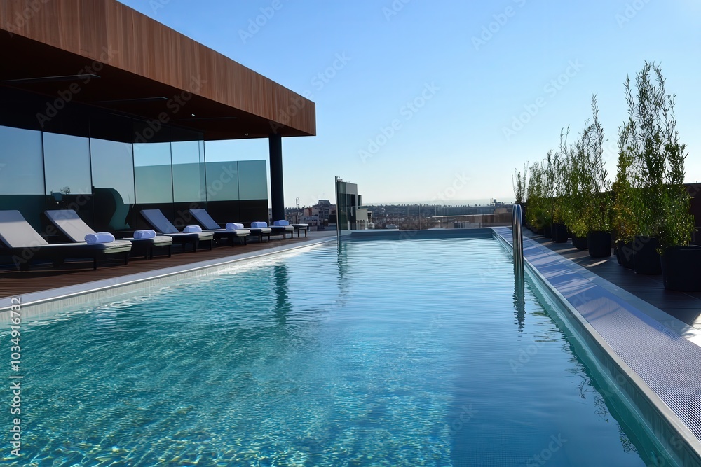 Fototapeta premium Villa lujosa con piscina larga y ventanales de cristal. Tumbonas en el ático del hotel junto a la piscina. Diseño minimalista lujoso. Arquitectura exterior. 