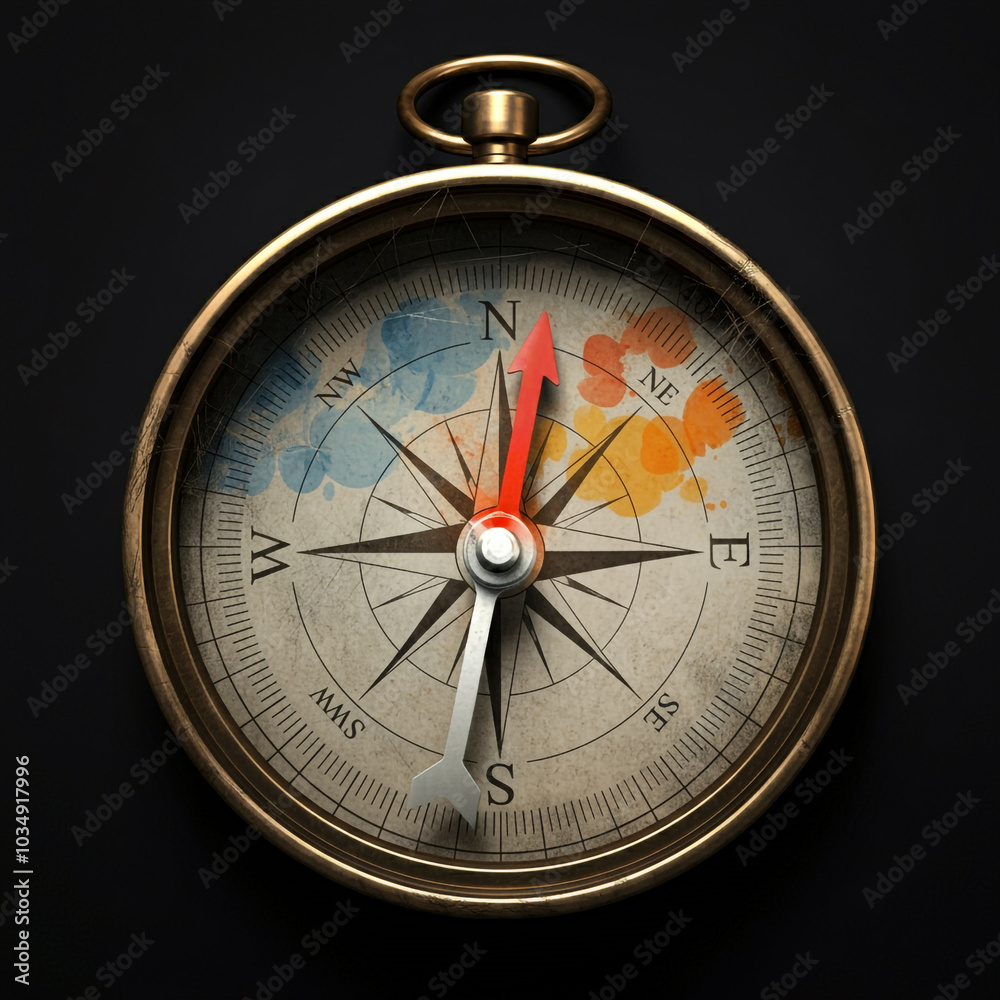 Detailed brass compass with a red needle pointing north, capturing the essence of guidance and adventure Detailed brass compass with a red needle pointing north, capturing the essence of guidance and adventure