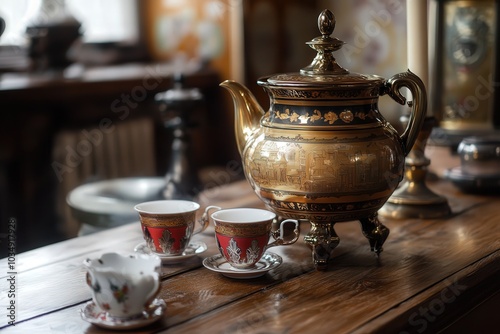 Samovar, auto calentador para agua. Tradición y cultura. Objetos antiguos y de valor. Tazas pequeñas de té. photo