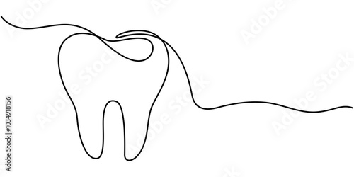 Vector continuous one simple single abstract line drawing of  tooth dental clinic and care concept, Single line drawing of a tooth, Single continuous line art anatomical human tooth silhouette implant