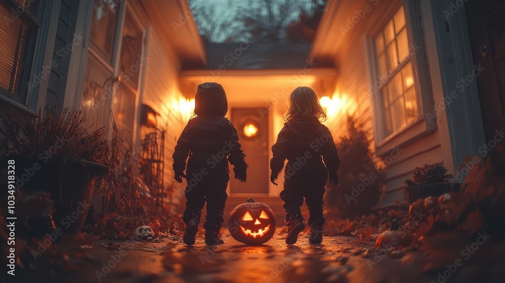 Two children in Halloween costumes illuminated by glowing pumpkins stand at a spooky doorway, capturing the festive spirit of autumn's night. Two children in Halloween costumes illuminated by glowing pumpkins stand at a spooky doorway, capturing the festive spirit of autumn's night.