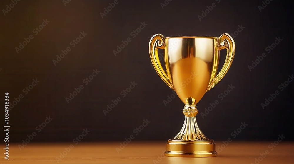 Golden trophy on wooden table against a dark background, symbolizing achievement and success. Golden trophy on wooden table against a dark background, symbolizing achievement and success.