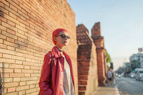 Gen z girl leather fashion with punk Asian woman tourist of local city Southeast Asia travel trendy pink hairstyle young female punk traveler walking around in town