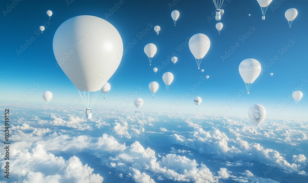White hot air balloons floating above clouds. White hot air balloons floating above clouds.