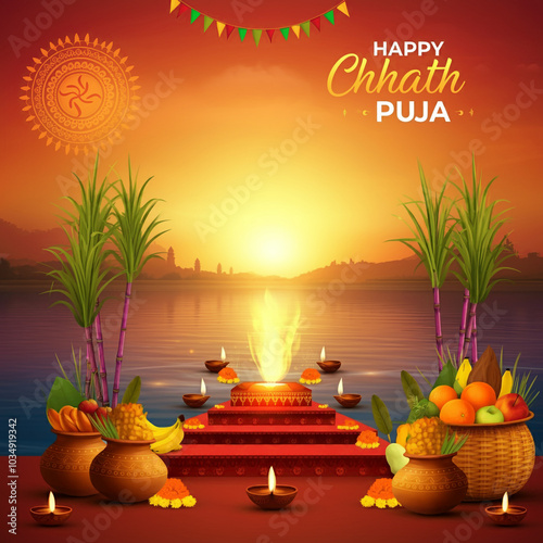 Scenic Chhath Puja setup wi...