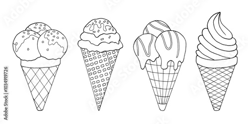 Doodle ice cream collection for kids coloring page. Childish hand drawn style of cute sweets