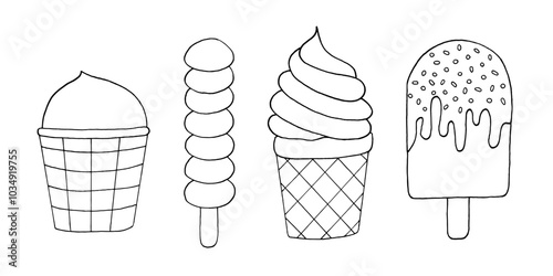 Doodle ice cream collection for kids coloring page. Childish hand drawn style of cute sweets
