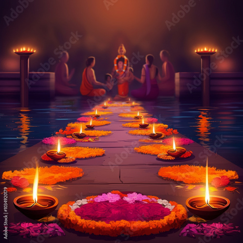 Ritual path lit by diyas, l...