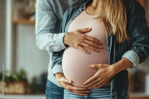 Mujer embarazada tocando la barriga y su marido también. Sesión de fotografía de recuerdo del momento de alegría. Barriga grande. 