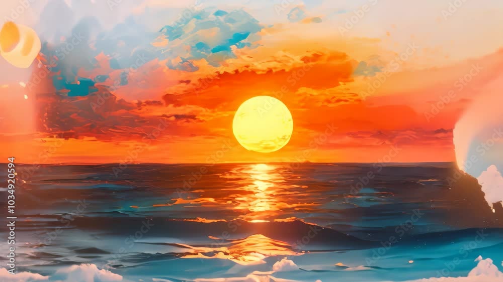 This Video captures a painting depicting a colorful sunset over the vast expanse of the ocean, creating a mesmerizing view, An abstract rendition of a tropical sunset on the ocean