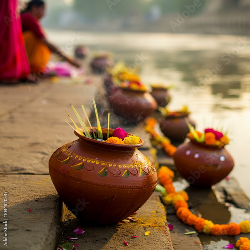 Close-up of decorated pots ...