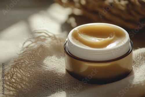 Bote de cristal con crema beige en el interior. Diseño y sesión de fotografía de productos. Publicidad de empresa. Cosmética y cura personal facial.