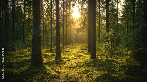 Serene Forest Landscape with Sunlight Streaming Through Trees