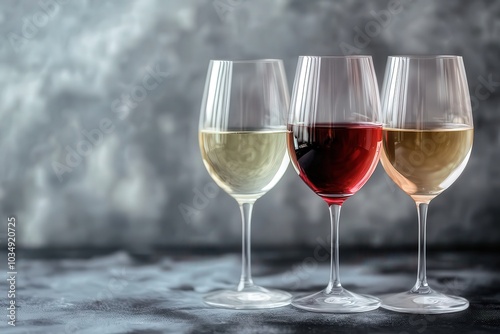 Copas de vino llenas. Copa de vino: rosa, blanco y tinto. Recurso gráfico, fondo gris. Cata de vinos.