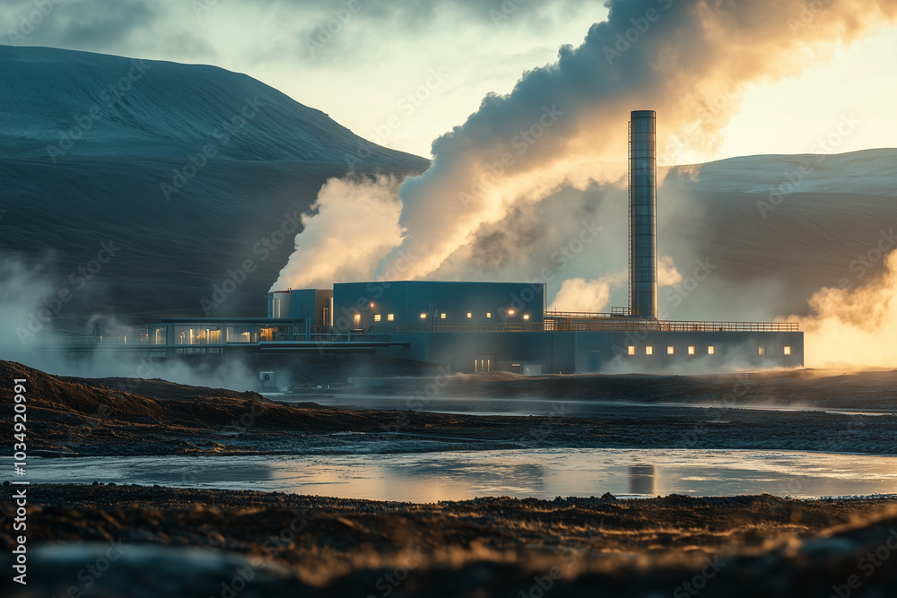 Fototapeta premium Majestic Geothermal Power Plant at Dusk