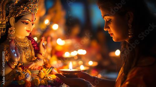 A serene shot of a woman lighting a diya (oil lamp) during Navratri, in front of a beautifully decorated Maa Durga statue, the warm glow illuminating her face. Ai generated